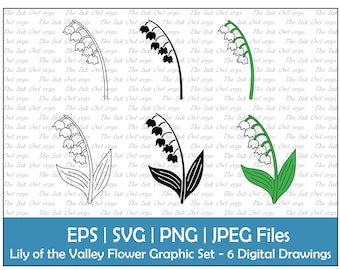 Conjunto de clipart vetorial de flor de lírio do vale / contorno, carimbo e gráfico de desenho colorido / flor de nascimento para maio / PNG, JPG, SVG, Eps