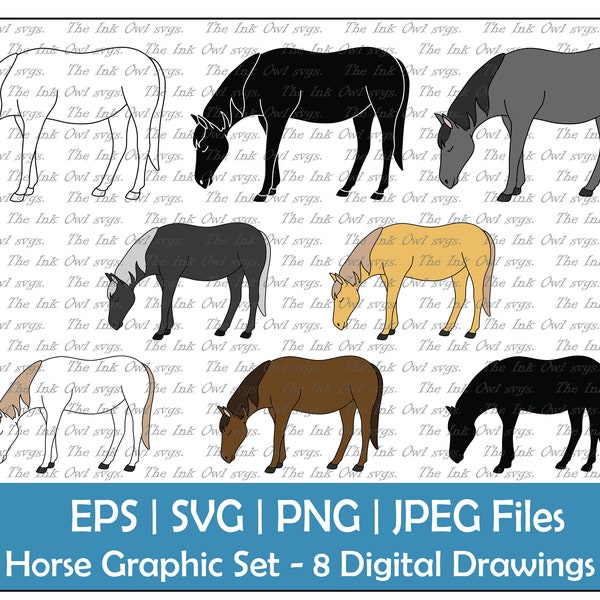 Horse with head down Vector Clipart Set / Outline, Silhouette Stamp & Color Illustration Graphic / PNG, JPG, SVG, Eps