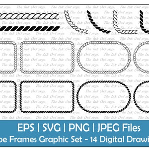 Touw Frame Rand Clipart Set / Outline & Stamp Graphics / Decoratief Element / Cirkel, Ovaal, Vierkant, Rechthoek, Hoek / PNG, JPG, SVG, Eps
