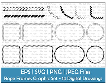 Rope Frame Border Clipart Set / Outline & Stamp Graphics / Decorative Element / Circle, Oval, Square, Rectangle, Corner / PNG, JPG, SVG, Eps