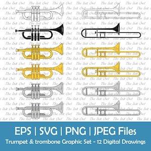 Trumpet and Trombone Clipart / Musical Instrument / Outline, Silhouette & Color Graphic / Sublimation Digital Sticker / Png, Svg, Jpg, Eps