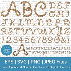 Rope Letter Alphabet and Number Vector Clipart / Transparent Text Banner Graphic / ABC 123 / Nautical Wedding Initials / Png, Jpg, Eps, Svg