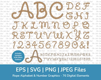 Rope Letter Alphabet and Number Vector Clipart / Transparent Text Banner Graphic / ABC 123 / Nautical Wedding Initials / Png, Jpg, Eps, Svg