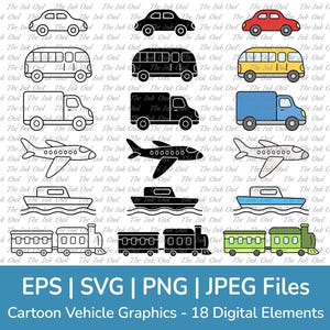 Voertuig reizen vervoer Clipart / overzicht, silhouet, kleurenafbeeldingen / auto, vrachtwagen, bus, trein, vliegtuig, boot / png, Svg, Jpg, Eps