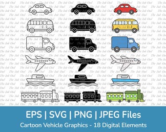 Vehicle Travel Transportation Clipart / Outline, Silhouette, Color Graphics / Car, Truck, Bus, Train, Airplane, Boat / Png, Svg, Jpg, Eps