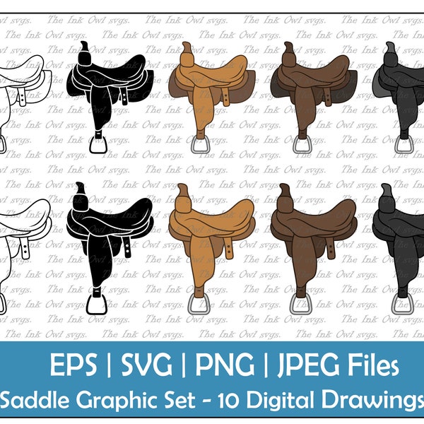 Zadel Vector Clipart Set / Outline, Stempel &Color Graphics / Wild West / Cowboy / Paardrijden / sublimatie / PNG, JPG, SVG, Eps