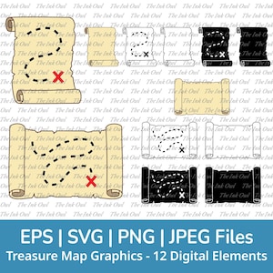 Schatzkarte Vektor Clipart Set / Umriss & Stempel Zeichnung Grafik / X und leer / PNG, JPG, SVG, Eps