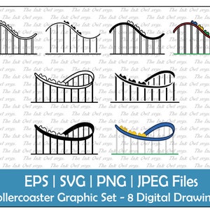 Rollercoaster Ride Vector Clipart Set / Outline, Stamp & Color Drawing Graphic / Carnival / PNG, JPG, SVG, Eps