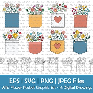 Op de afbeelding: Een set van 16 digitale tekeningen van wilde bloemenboeketten in verschillende gekleurde zakken. De zakken zijn in blauw, oranje, rood en zwart-wit. Sommige zakken hebben een hartvorm. De tekst "EPS | SVG | PNG | JPEG Files" en "Wild Flower Pocket Graphic Set - 16 Digital Drawings" staat onderaan de afbeelding.
