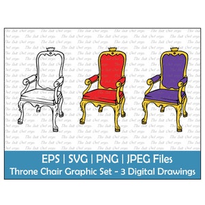 Puede incluir: Un conjunto de tres gráficos de sillas de trono en blanco y negro, rojo y morado. Las sillas tienen detalles dorados. El texto dice "EPS | SVG | PNG | JPEG Files" y "Throne Chair Graphic Set - 3 Digital Drawings."
