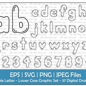 Alfabeto de letras de burbujas y números Vector Clipart / Minúsculas / Gráficos de texto de contorno / abc 123 Logos banners / PNG, JPG, svg, Eps