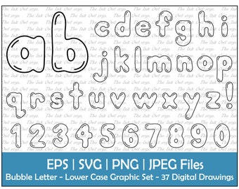 Bubble Letter Alphabet and Numbers Vector Clipart / Lower Case / Outline Text Graphics / abc 123 Logos banners / PNG, JPG, svg, Eps