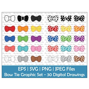 Set di clipart vettoriali di papillon o papillon / Contorno, silhouette e grafica a colori / Pois / Abbigliamento formale da uomo / Svg, Png, Eps, Jpg