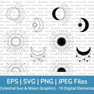 Celestial Sun Moon and Stars Svg Vector Clipart Set / Outline & Stamp Silhouette Graphics / Space and Cosmos / Png, Svg, Jpg, Eps