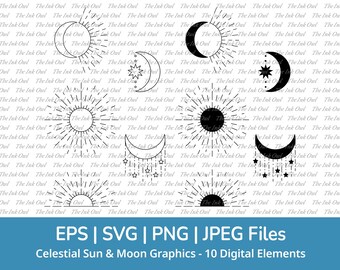 Celestial Sun Moon and Stars Svg Vector Clipart Set / Outline & Stamp Silhouette Graphics / Space and Cosmos / Png, Svg, Jpg, Eps
