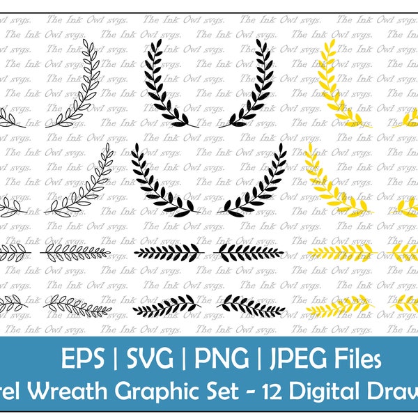 Laurel Leaf Wreath Decorative Vector Clipart Set / Outline & Stamp Graphic / Borders and Crest / PNG, JPG, SVG, Eps