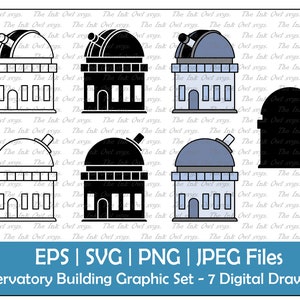 Observatory Building Vector Clipart Set / Outline, Stamp and Color Drawing Graphic / Astrology and Space / PNG, JPG, SVG, Eps