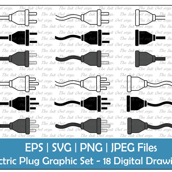 Electrical Plug and Receptacle Connector Vector Clipart / Outline & Stamp Drawing Illustrations / Wires / PNG, JPG, SVG, Eps