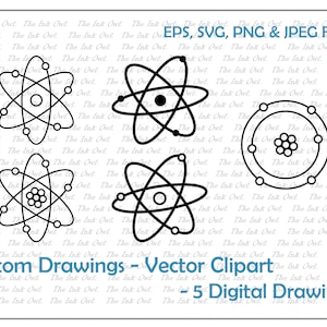 以下が含まれることがあります： 白黒の線画で描かれた原子のイラストが5つあります。イラストはシンプルでスタイリッシュです。画像の下には「Atom Drawings - Vector Clipart」と「5 Digital Drawings」というテキストがあります。