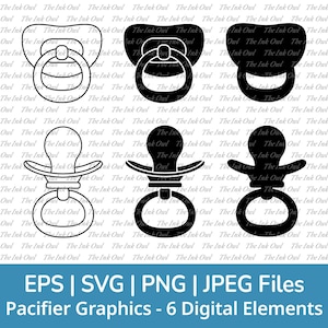 Chupete de bebé SVG Vector Clipart / Contorno y sello Silueta Dibujo Ilustraciones / Gráficos para baby shower / Png, Jpg, Svg, Eps