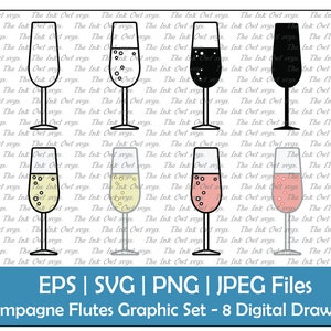 Champagne Flute Glass Vector Clipart / Contour, Silhouette & Couleur Dessin Illustrations / Bubble Drink / New Years / PNG, JPG, SVG, Eps