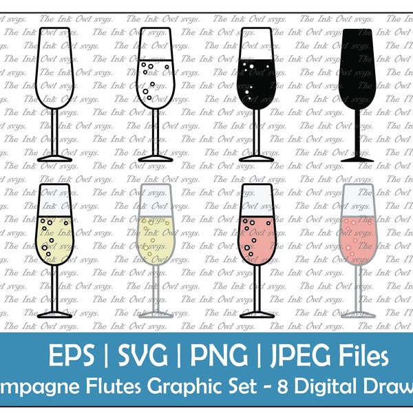 Champagne Flute Glass Vector Clipart / Outline, Silhouette & Color Drawing Illustrations / Bubble Drink / New Years / PNG, JPG, SVG, Eps