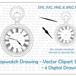 Stopwatch Clock Outline Vector Clipart / Drawing Illustration / PNG, JPG, SVG, Eps / Adjustable Time