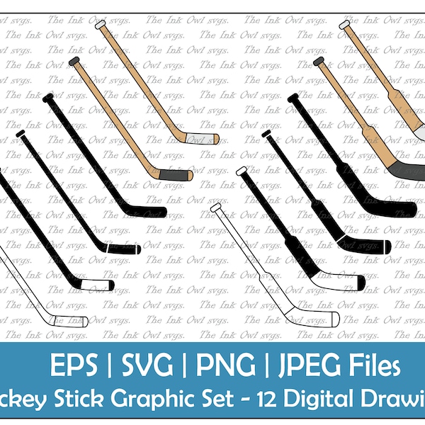 Hockey Sticks Vector Clipart Set / Outline, Silhouette Stamp & Color Drawing Illustrations / Goalie / Winter Sports / PNG, JPG, SVG, Eps