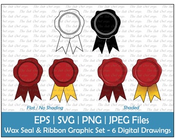 Sigillo di cera con nastro Clipart grafico Set / Illustrazioni di disegno di contorni e timbri / Modello vuoto / PNG, JPG, SVG, Eps