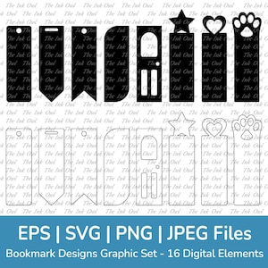 Lesezeichen Template Designs Clipart Set / Outline & Stempel Grafiken / Mit und Ohne Band Ausschnitt Löcher / Leere Tags / Png, SVG, Jpg, Eps