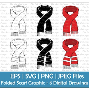Scarf Drawing Set Vector Clipart / Outline & Stamp Graphic / Fall Winter Clothing / PNG, JPG, SVG, Eps