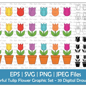 Fleurs et pots de tulipes colorés Ensemble clipart / Plan, Silhouette & Couleur Graphiques / Sublimation printanière Autocollant numérique / PNG, JPG, Svg, Eps
