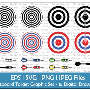 Dartboard Bulls Eye Target Game with Darts Clipart Set / Outline, Silhouette Stamp & Color Illustration Graphic / PNG, JPG, SVG, Eps
