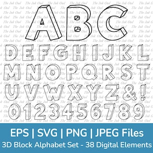 May include: A set of 38 digital elements, including uppercase letters, lowercase letters, numbers, and punctuation marks. The letters and numbers are in a 3D block style, with a white outline and a black interior.