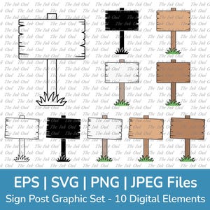 Cartoon Wood Sign Board and Post Clipart / Outline, Stamp Silhouettes & Color / Blank Plank Signage Graphic Template / Png, Eps, Jpg, Svg