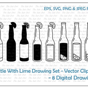 Beer Bottle with Lime Vector Clipart Set / Outline & Stamp Drawing Illustrations / Filled, Empty / Cut File / PNG, JPG, SVG, Eps
