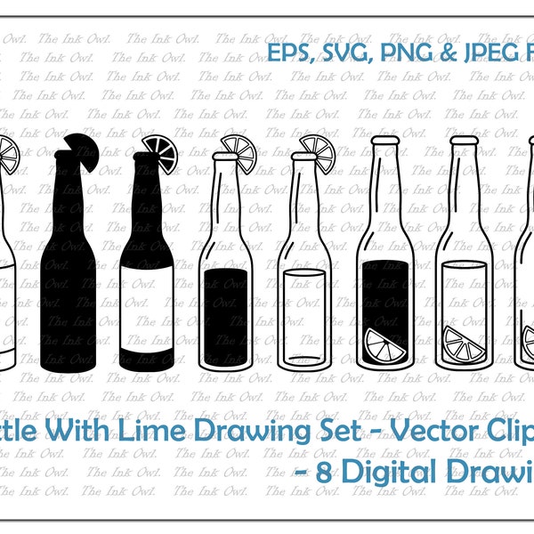 Beer Bottle with Lime Vector Clipart Set / Outline & Stamp Drawing Illustrations / Filled, Empty / Cut File / PNG, JPG, SVG, Eps