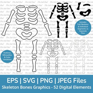 Peut inclure: Graphiques numériques d'os de squelette en différents styles : contours, silhouettes et noir plein. Comprend des squelettes complets et des segments d'os individuels. Formats de fichiers : EPS, SVG, PNG et JPEG. Le texte indique "Skeleton Bones Graphics - 52 Digital Elements".
