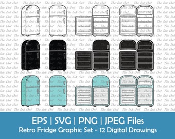 Retro Refrigerator Clipart / Outline, Silhouette & Color Graphics / Open and Closed / Empty Fridge Kitchen Appliance / Png, Svg, Jpg, Eps