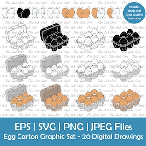 Conjunto de imágenes prediseñadas vectoriales de cartón de huevos y huevos / Contorno, sello de silueta y gráfico de dibujo en color / Ingredientes para hornear / Alimentos / Svg, Png, Eps, Jpg