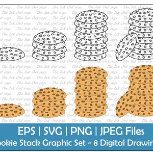 May include: A set of eight digital drawings of cookie stacks. The stacks are in two different styles: one with chocolate chips and one without. The cookies are outlined in black and filled in with brown and white.