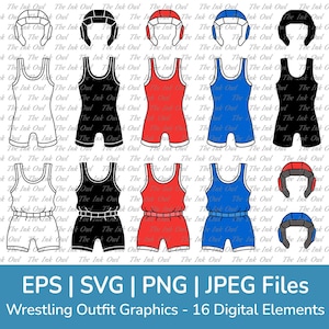 May include: A set of 16 wrestling outfit graphics in black, white, red, and blue. The graphics include a wrestling singlet, shorts, and a headgear. The graphics are in EPS, SVG, PNG, and JPEG formats.