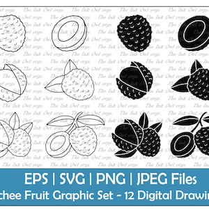 Lychee Fruit Vector Clipart Set 2 / Outline & Silhouette Stamp Digital Drawing Illustrations / Whole, Open, Half / PNG, JPG, SVG, Eps
