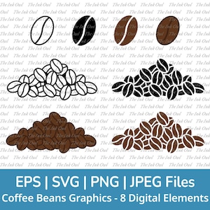 Ensemble de cliparts vectoriels Svg en grains de café / Contour, silhouette de timbre et icône graphique couleur / Pile / Png, Jpg, Svg, Eps