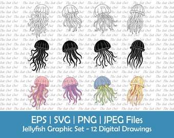 Jellyfish Vector Clipart Set / Outline, Silhouette Stamp & Color Illustration Graphics / Ocean Animal / Png, Svg, Eps, Jpg