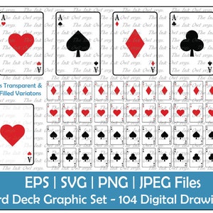 Zestaw wektorowych clipartów talii kart / Kontur i ilustracje rysunków kolorowych / Poker / PNG, JPG, SVG, Eps