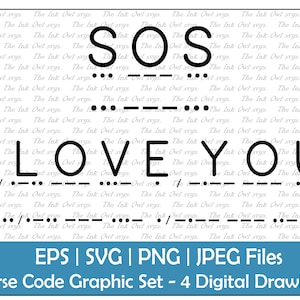 Morse Code SOS and I Love You Vektor Clipart Set / Stempel Text Grafik / ABC 123 Schrift Banner / Png, Jpg, Svg, Eps