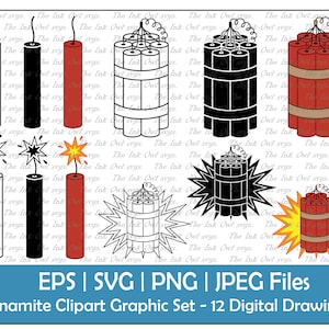 Dynamite Explosives Vector Clipart Set / Outline & Stamp Drawing Illustrations / Single and bundle / PNG, JPG, SVG, Eps