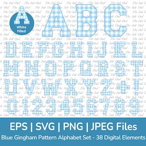 Alfabeto com padrão xadrez azul e branco, letras e números, clipart vetorial / texto gráfico / monograma xadrez listrado / png, jpg, eps, svg