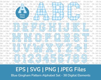 Blue & White Gingham Pattern Alphabet Letter and Number Vector Clipart / Text Graphic / Plaid Striped Checker Monogram / Png, Jpg, Eps, Svg